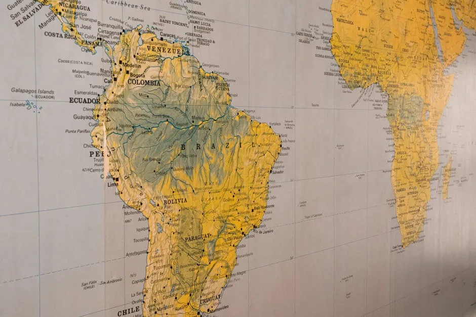 Close-up of a vintage-style map highlighting South America and parts of Africa.