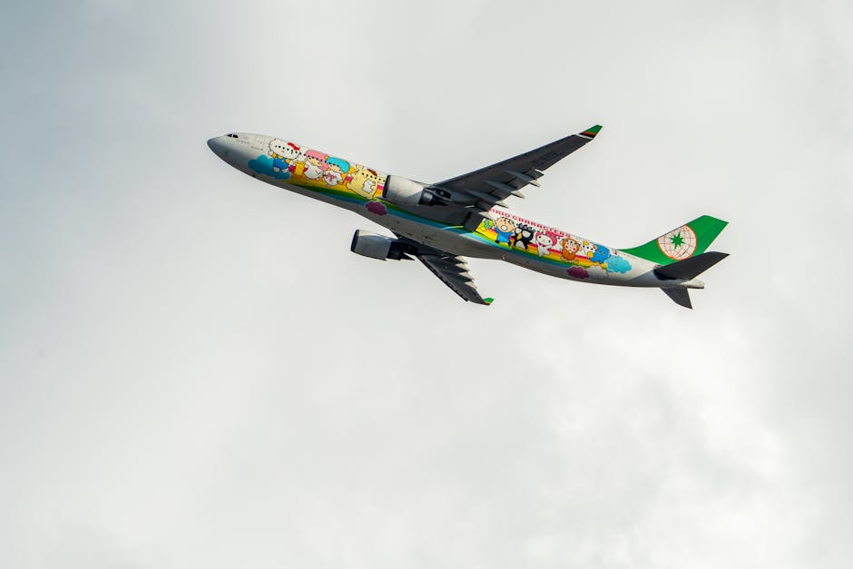A vibrant airplane featuring cartoon characters flying against a cloudy sky.