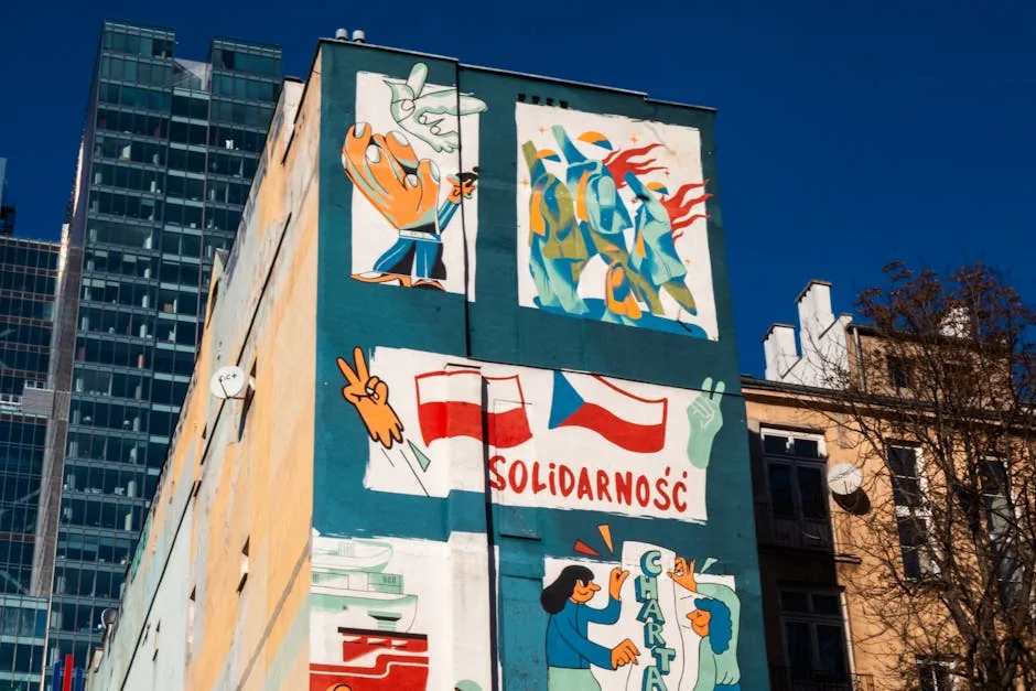 Vibrant street mural featuring flags and art on an urban building facade.