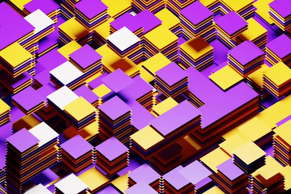 Vibrant 3D abstract geometric pattern with yellow, violet, and white blocks.
