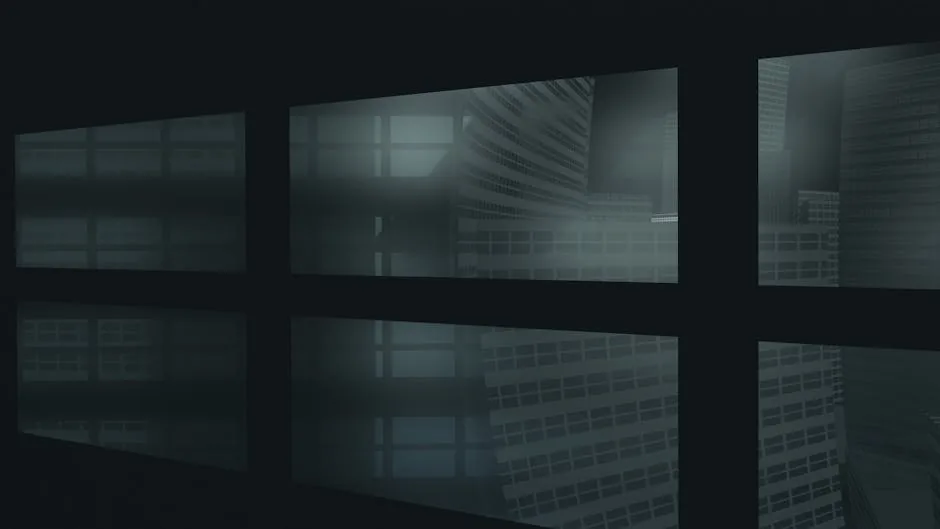 A digital render of a futuristic cityscape with abstract reflections through windows.