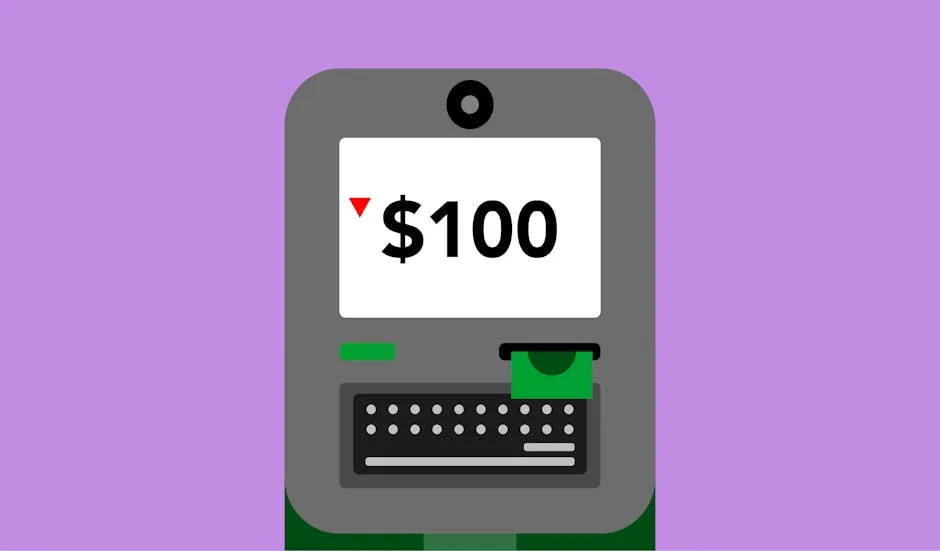 Decorative cardboard applique of automated teller machine with number and dollar symbol on display on violet background