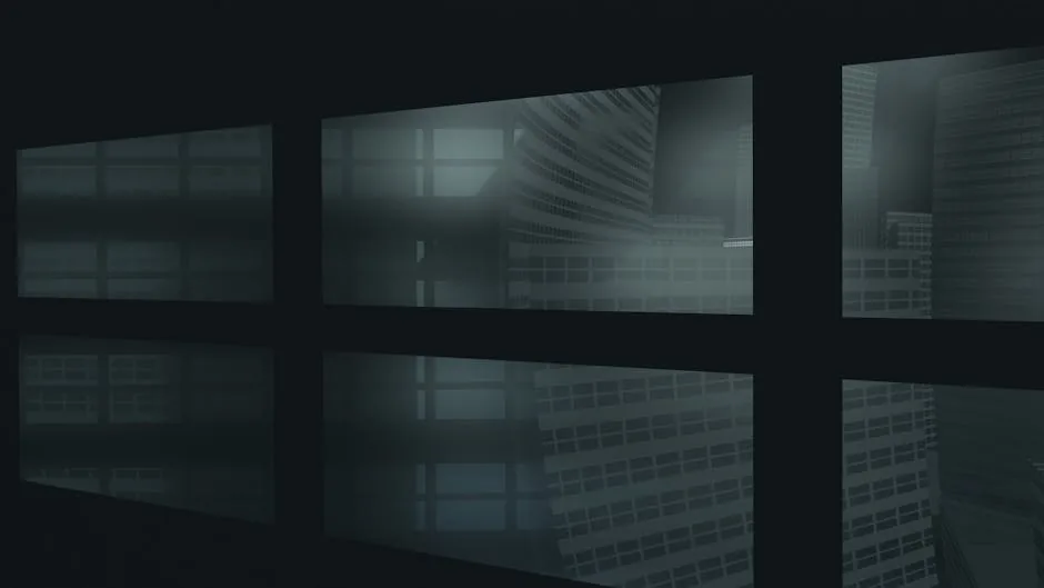 A digital render of a futuristic cityscape with abstract reflections through windows.
