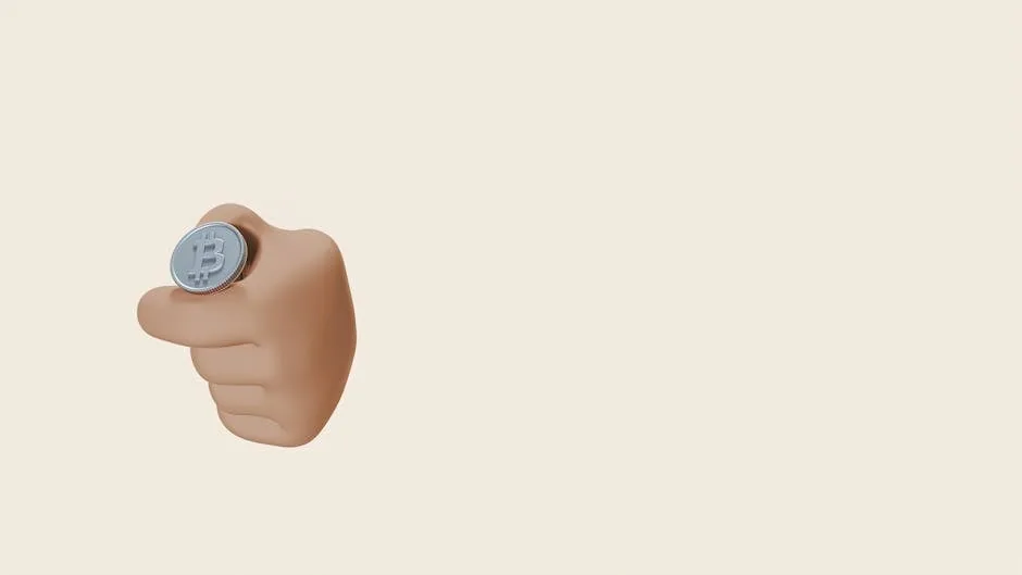3D rendered illustration showing a hand flipping a Bitcoin coin on a solid background.