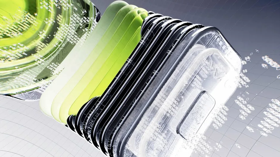 Abstract visualization of futuristic digital technology with layered components in dynamic 3D rendering.