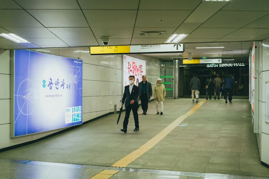 Commuters in a Seoul subway station, showcasing urban life and architecture in South Korea.