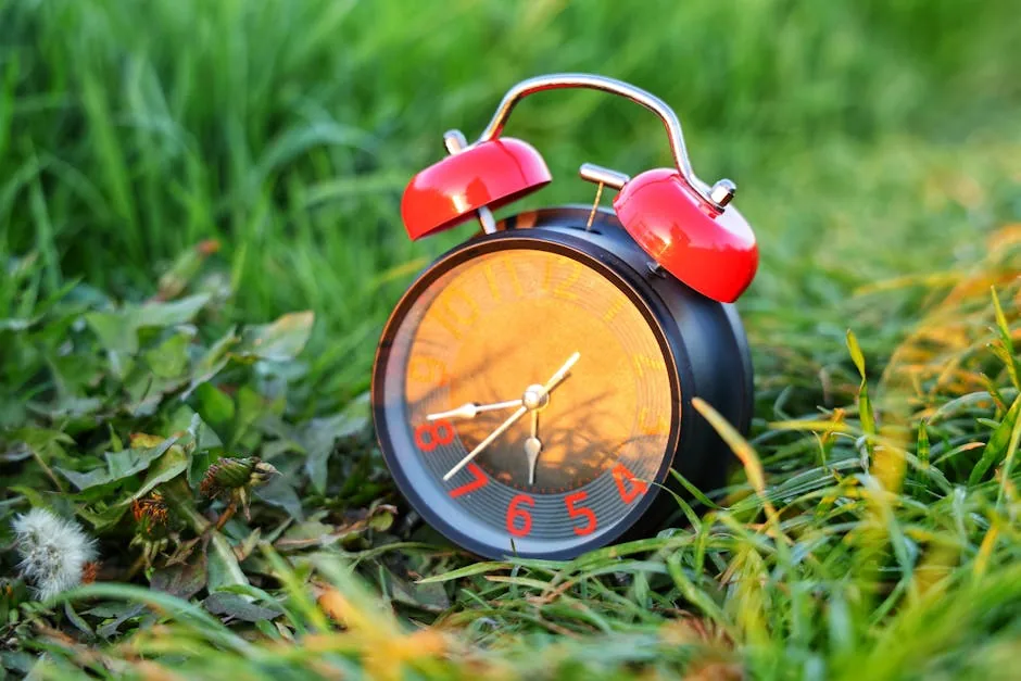 Classic red alarm clock resting on vibrant grass, symbolizing the passage of time.