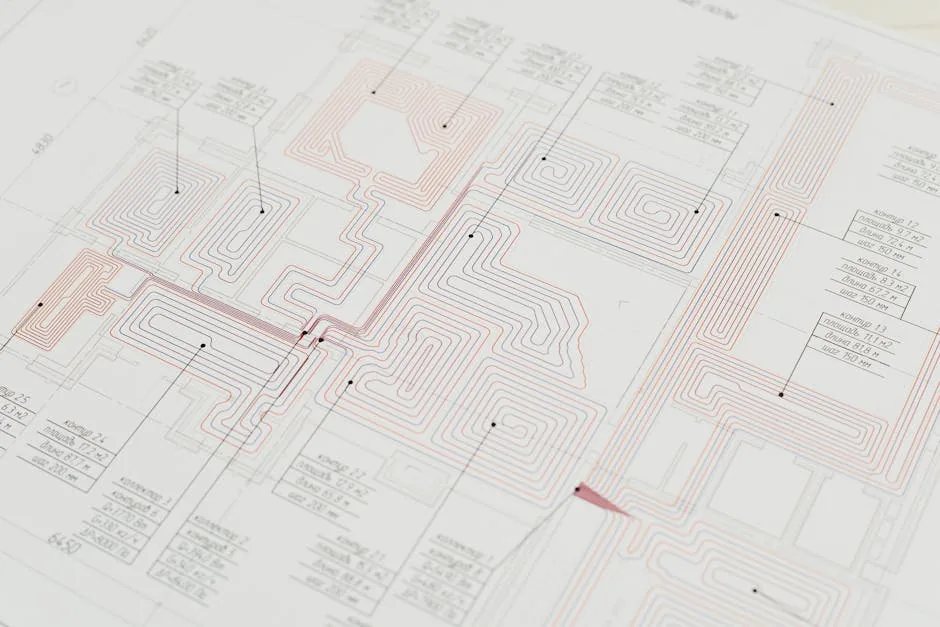 Close-up view of a detailed architectural blueprint with intricate designs and data points.