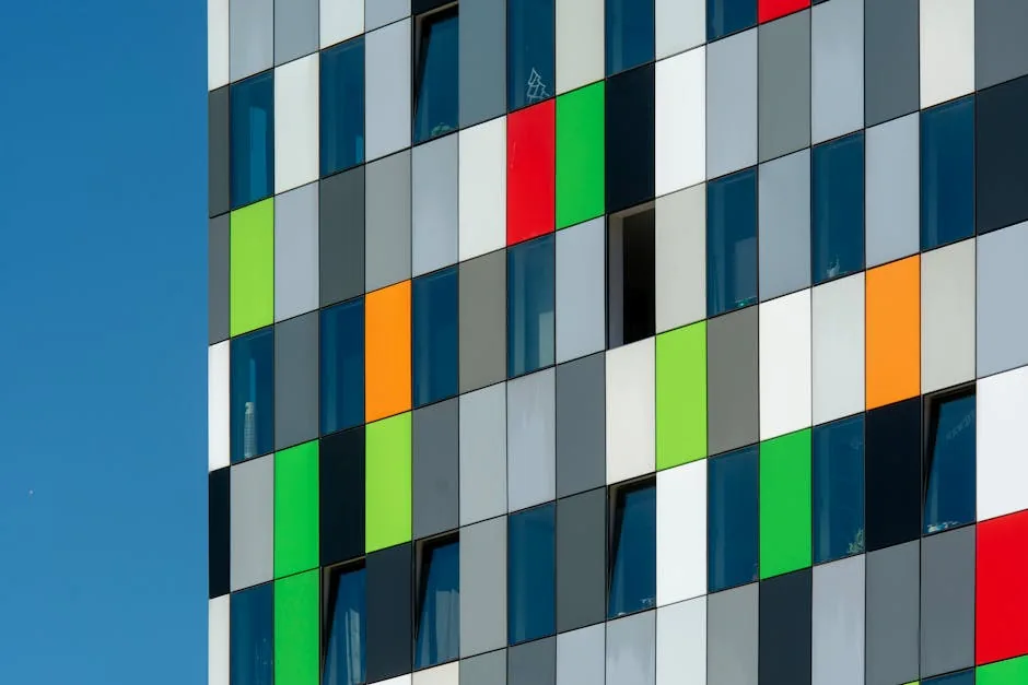 Dynamic colorful facade of a modern office building in Utrecht, showcasing urban architecture.