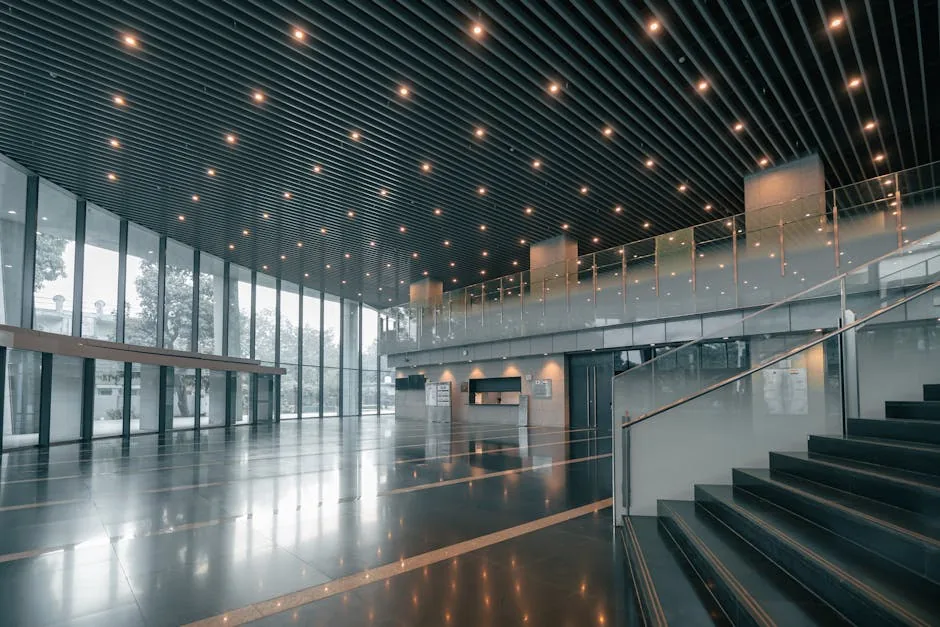 Spacious modern interior of a luxurious corporate building in Varanasi, India, with sleek design and ample natural light.