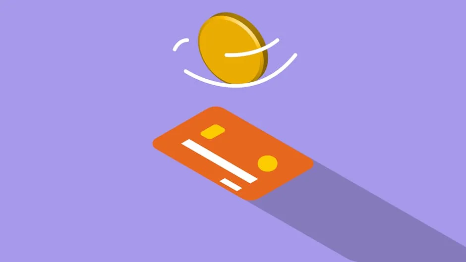 Creative graphic illustration of golden coin spinning above credit card on violet background